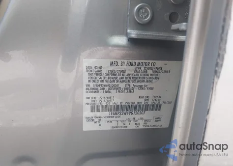 2009 Ford Taurus Se z USA, uszkodzony, nr VIN 1FAHP23W49G120307